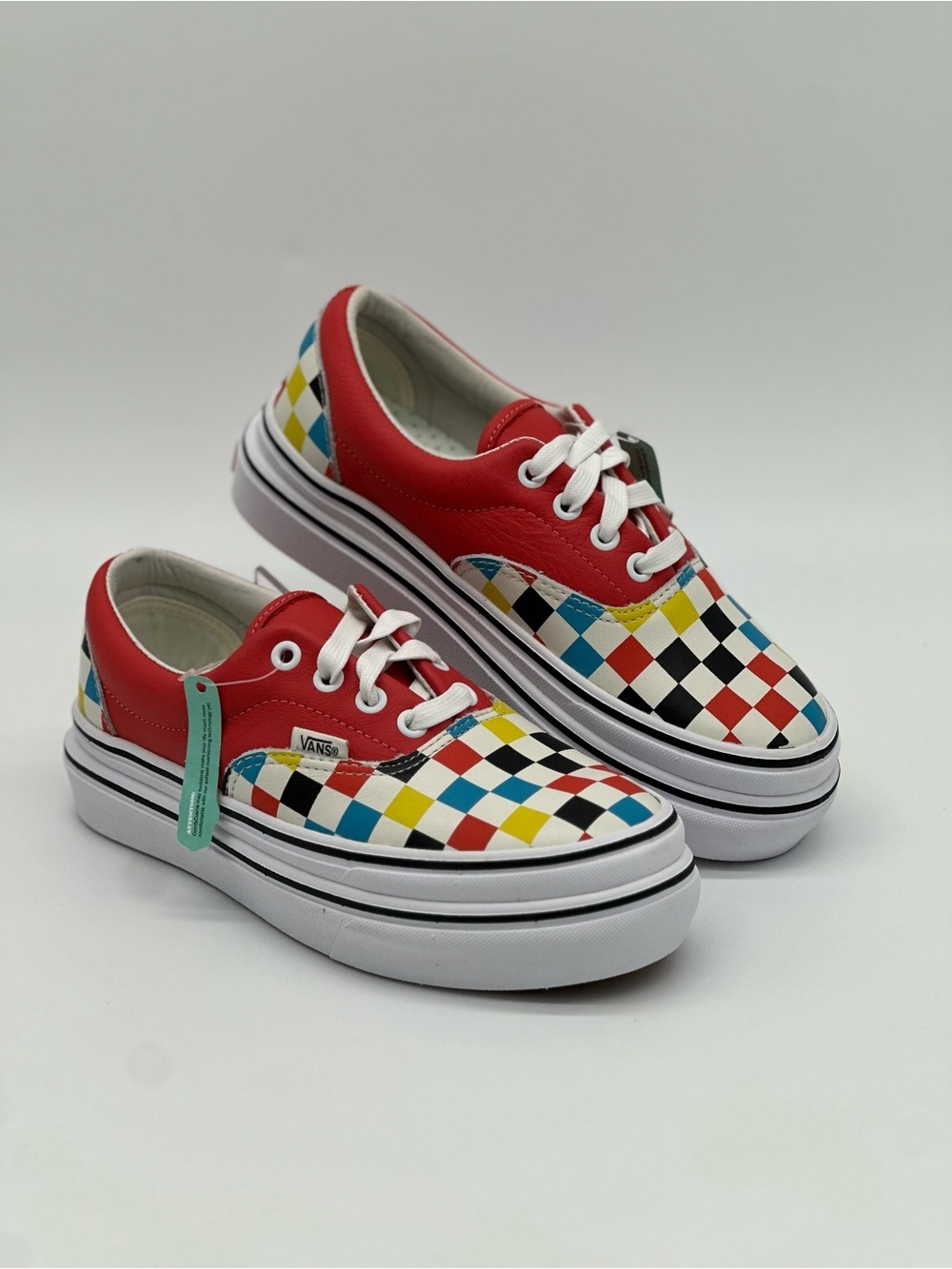 Vans Multi-Color Checkerboard and Red Low Top Sneakers